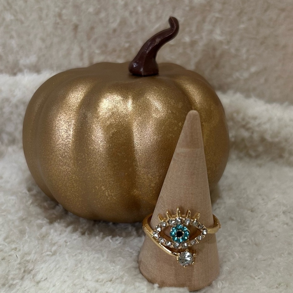 GOLD-TONE LUCKY EVIL EYE PROTECTION CUBIC ZIRCONIA RING- ADJUSTABLE- OS- NWOT